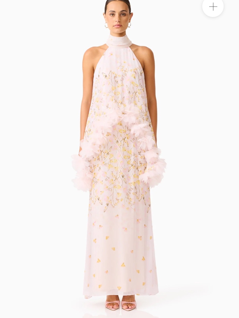 Elliatt Blush Pink Halter Maxi Gown with Gold Floral Embroidery
